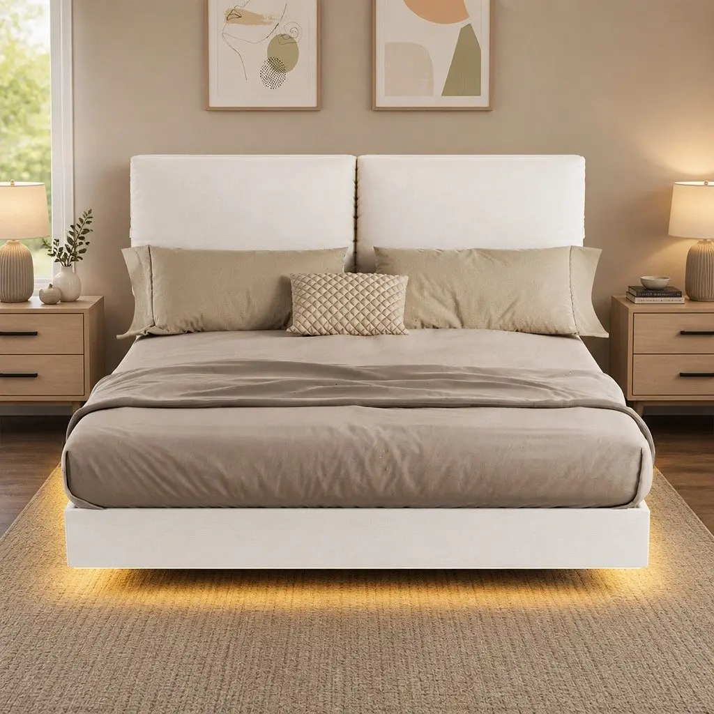 Queen Floating Bed Frame LED Light Adjustable Headrest Storage Metal Slats