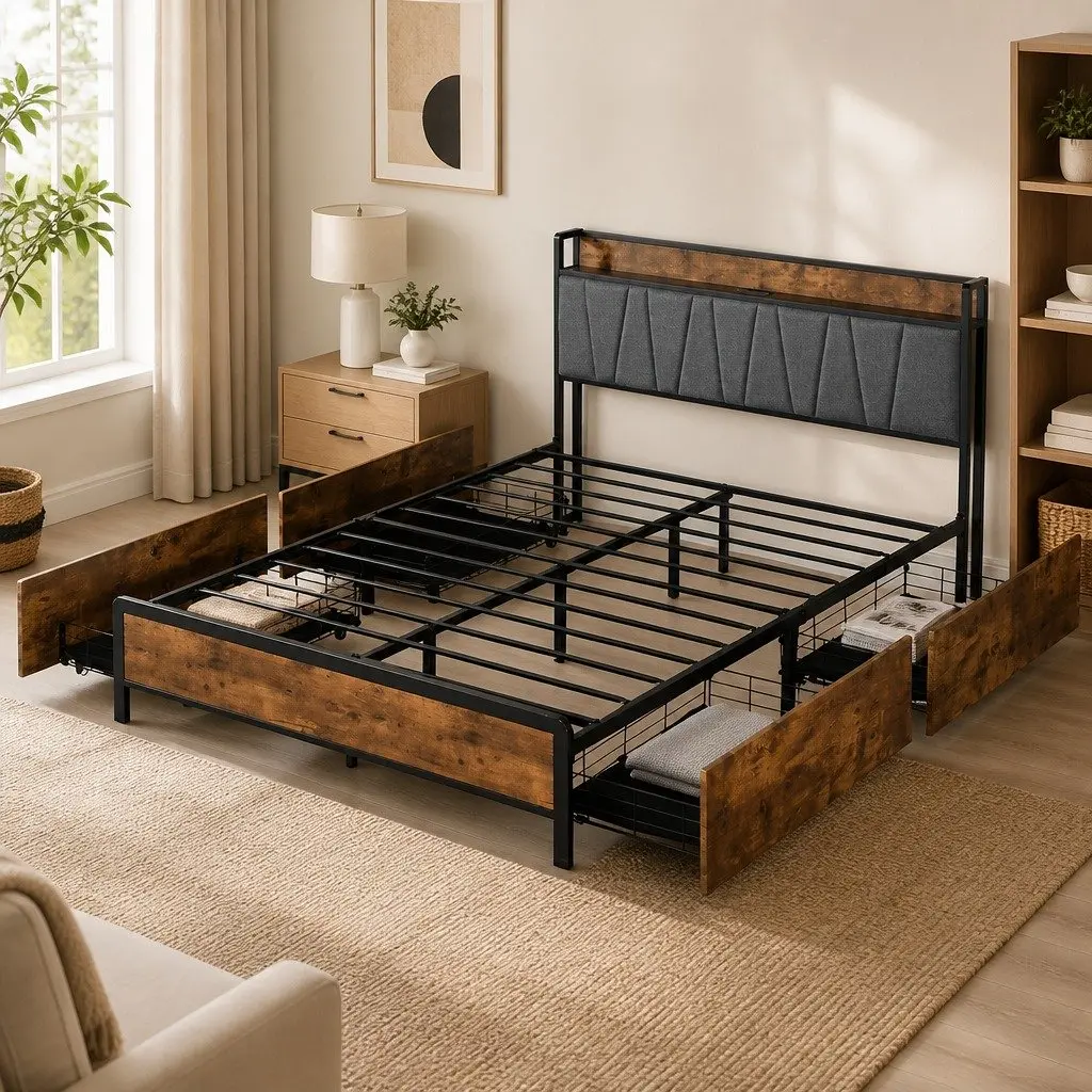Queen Bed Frame with Storage Headboard USB Charging Ports Upholstered Backrest