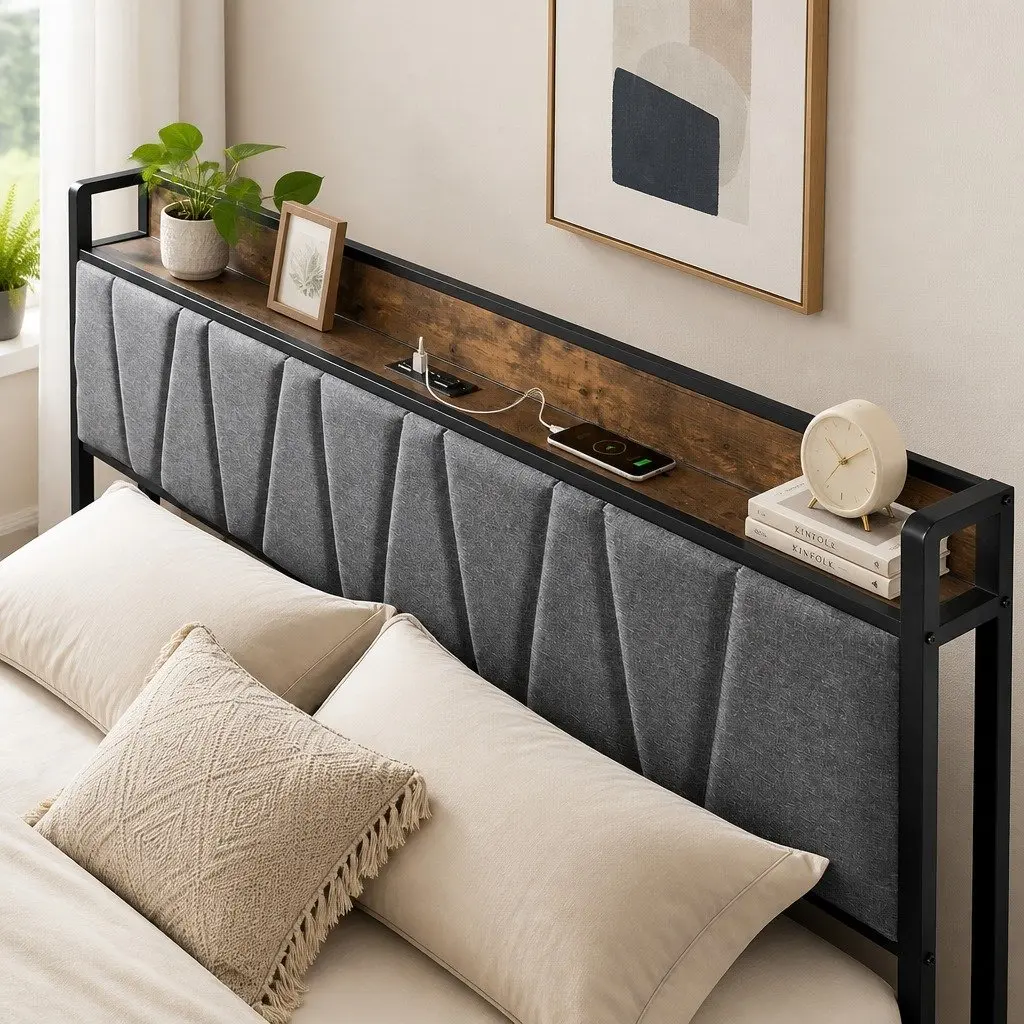 Queen Bed Frame with Storage Headboard USB Charging Ports Upholstered Backrest