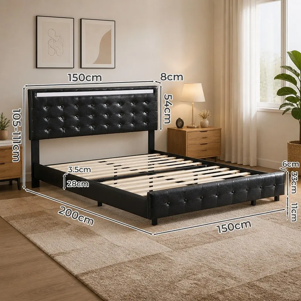Floating Bed Frame Double with LED Light Strips Adjustable Headboard Under-Bed Storage Black