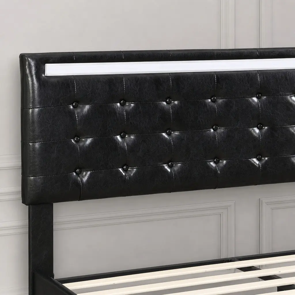 Floating Bed Frame Double with LED Light Strips Adjustable Headboard Under-Bed Storage Black