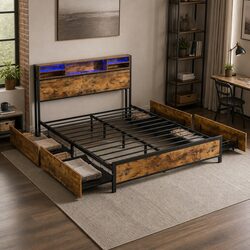 Queen Bed Frame with LED Light Storage Drawers Headboard Charging Station