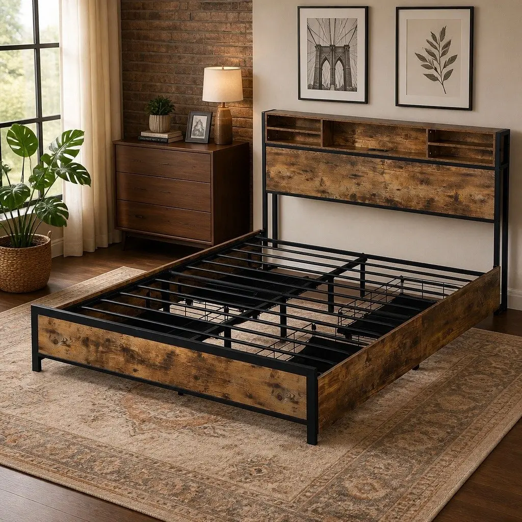 Queen Bed Frame with LED Light Charging Station Storage Drawers Brown