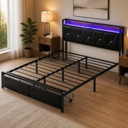 Double Metal Bed Frame with LED Lights Storage Drawers USB Charging Headboard