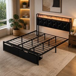 King Bed Frame with LED Headboard Storage Drawers USB Charging Metal Base