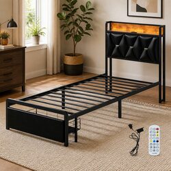 Single Bed Frame with LED Headboard Storage Drawers Metal Slatted Base