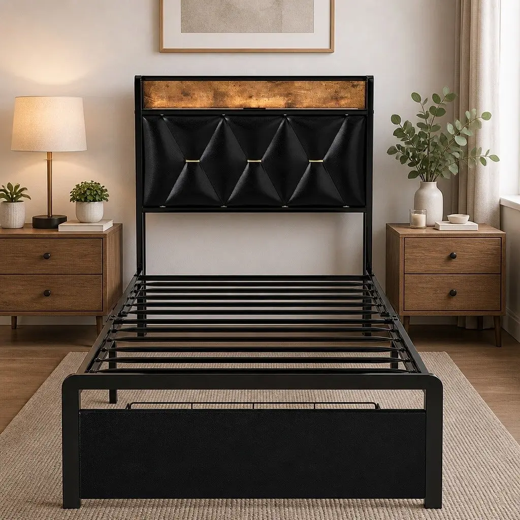 Single Bed Frame with LED Headboard Storage Drawers Metal Slatted Base Black