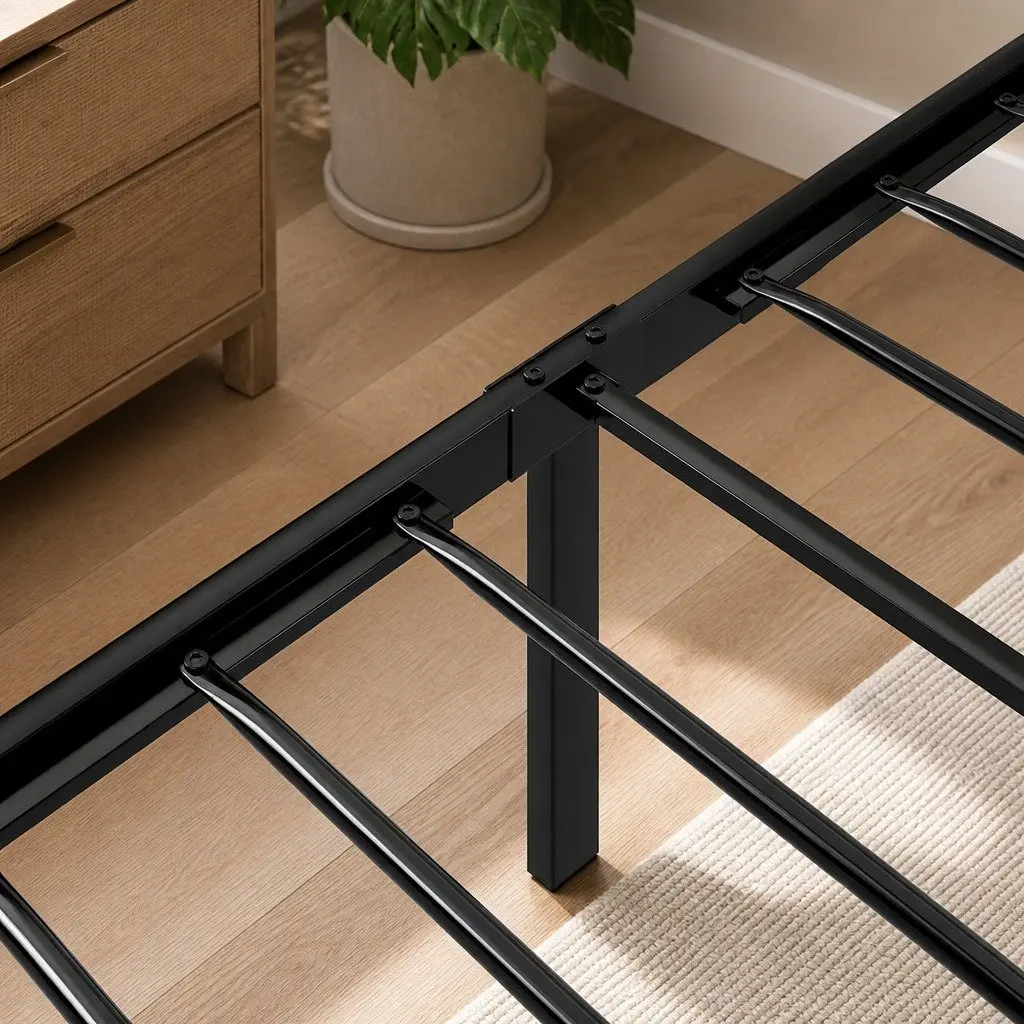 Single Bed Frame with LED Headboard Storage Drawers Metal Slatted Base Black