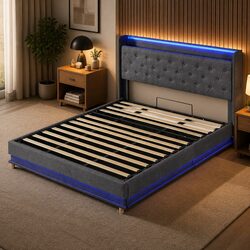 King Bed Frame with Gas Lift Storage LED Light USB Charging Headboard