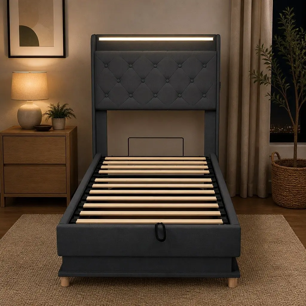 Single Bed Frame Gas Lift Storage USB Charging Linen Grey
