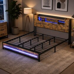 King Bed Frame Storage Headboard Industrial LED Lights Charging Station Metal