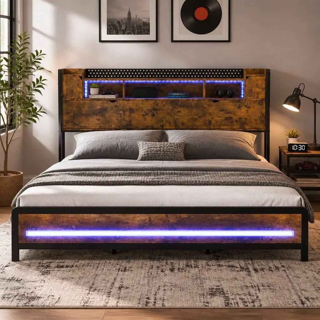 King Bed Frame Storage Headboard Industrial LED Lights Charging Station Metal