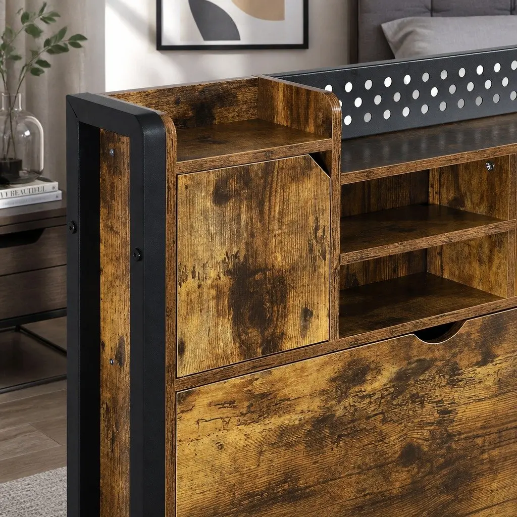 King Bed Frame Storage Headboard Industrial LED Lights Charging Station Metal
