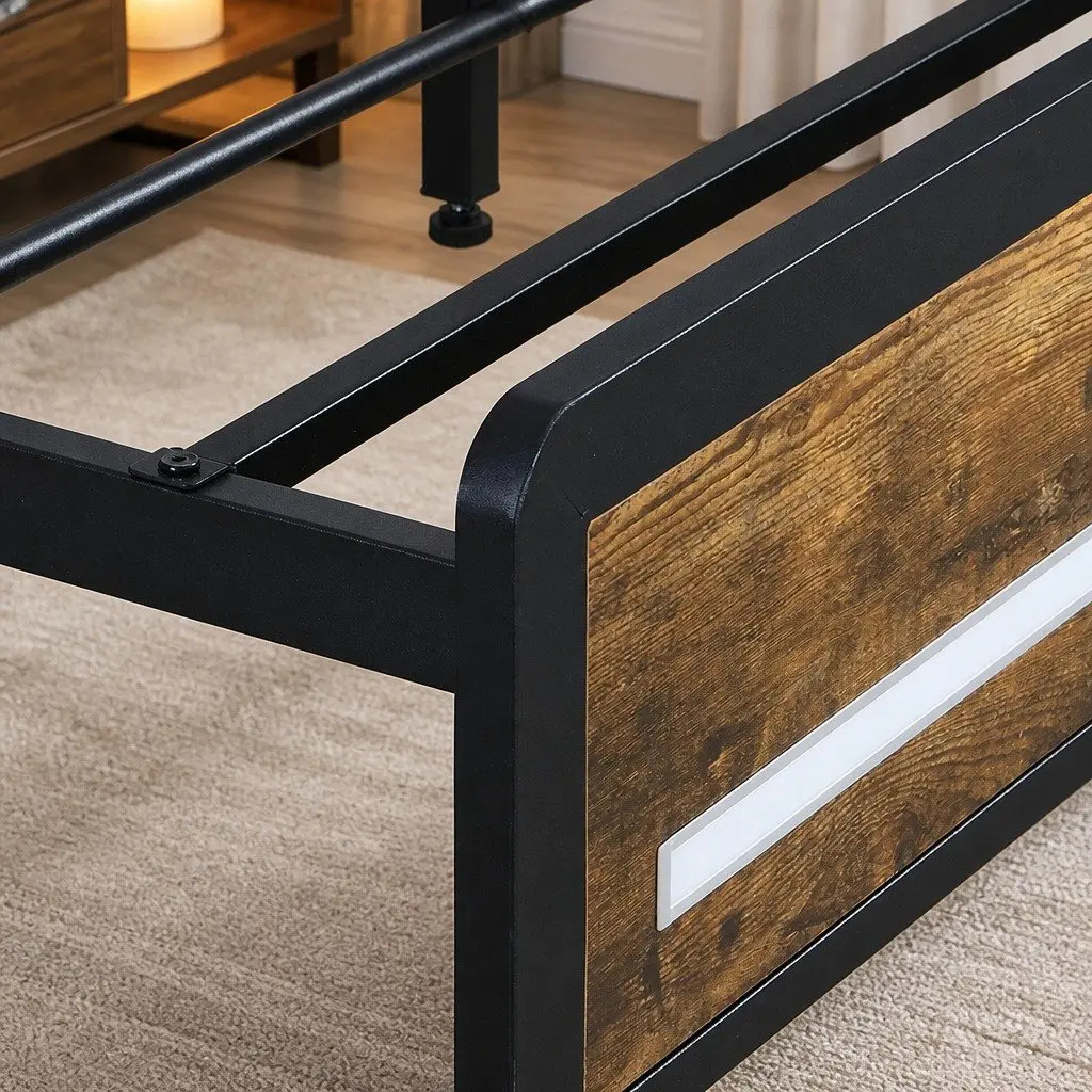 King Bed Frame Storage Headboard Industrial LED Lights Charging Station Metal