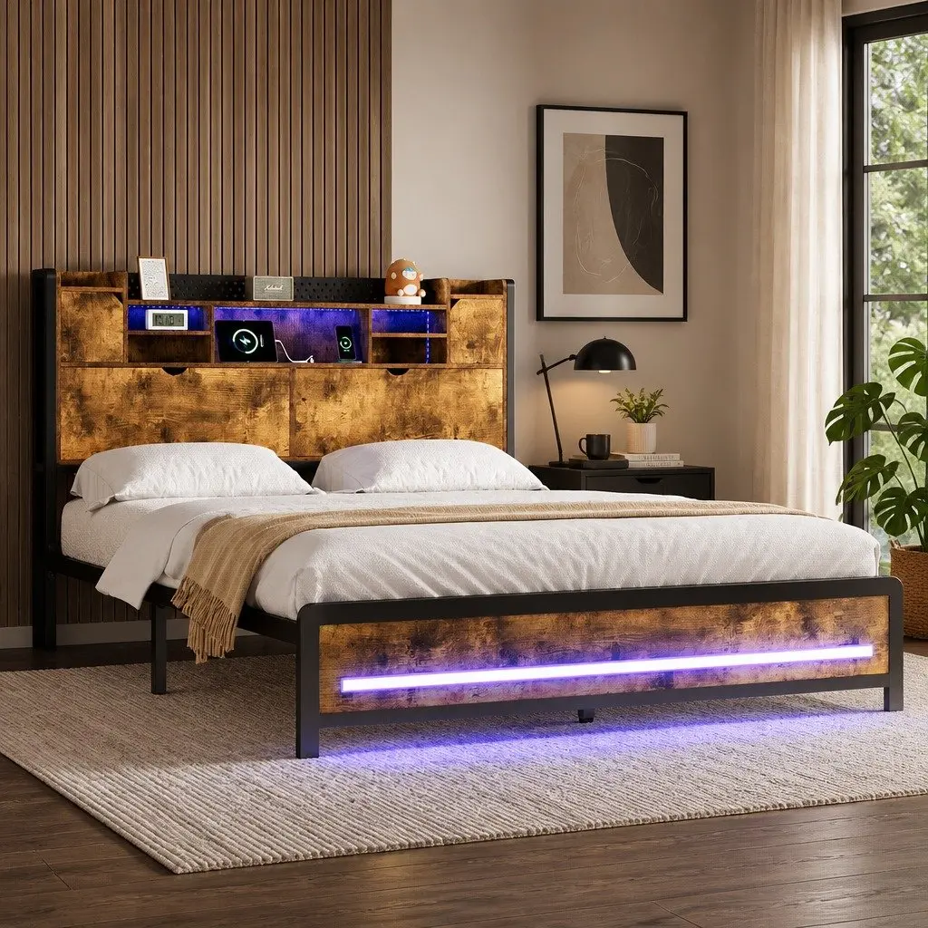 King Bed Frame Storage Headboard Industrial LED Lights Charging Station Metal