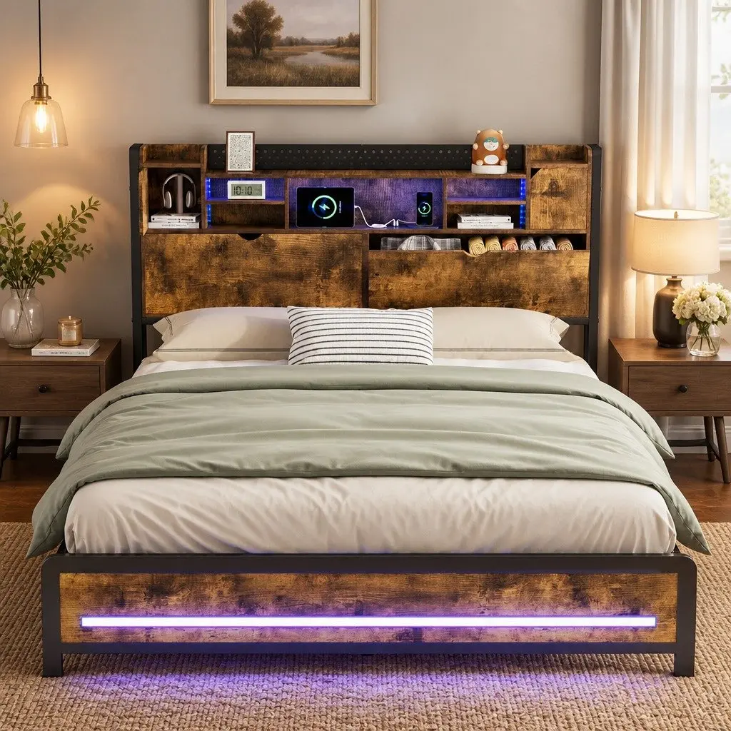 King Bed Frame Storage Headboard Industrial LED Lights Charging Station Metal