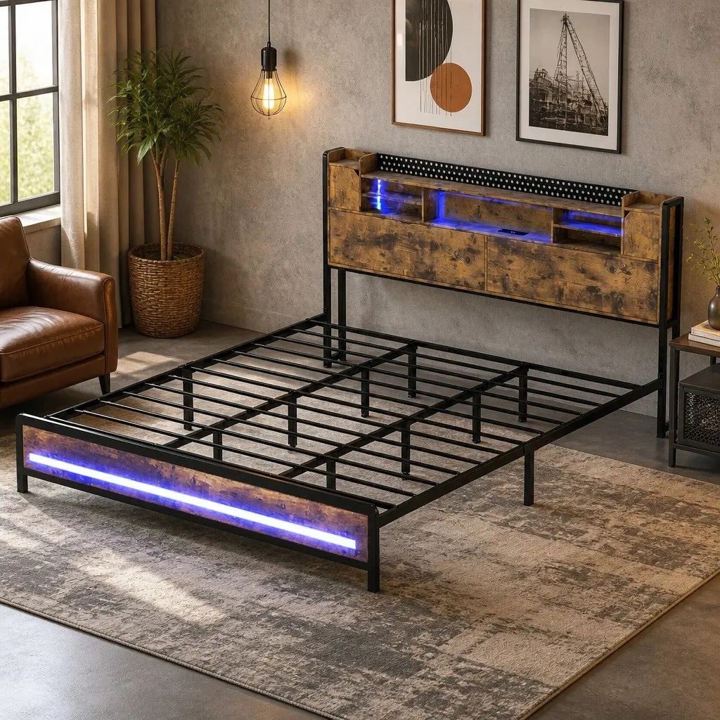 King Bed Frame Storage Headboard Industrial LED Lights Charging Station Metal