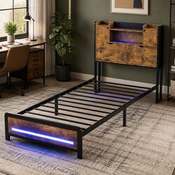 Single Bed Frame with Storage Headboard RGB LED Industrial Metal Bedroom