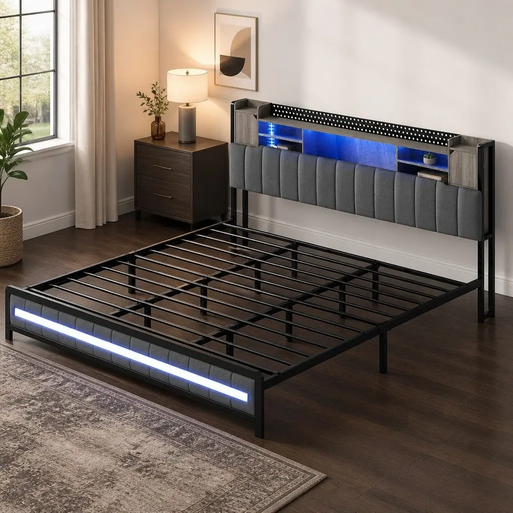 King Bed Frame with Storage Headboard RGB LED Lights Charging Station