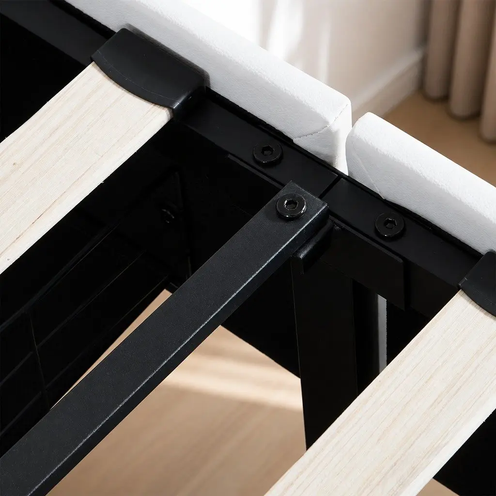 Double Bed Frame Adjustable Headboard USB Charging LED Light Storage Drawers White PU Leather Steel