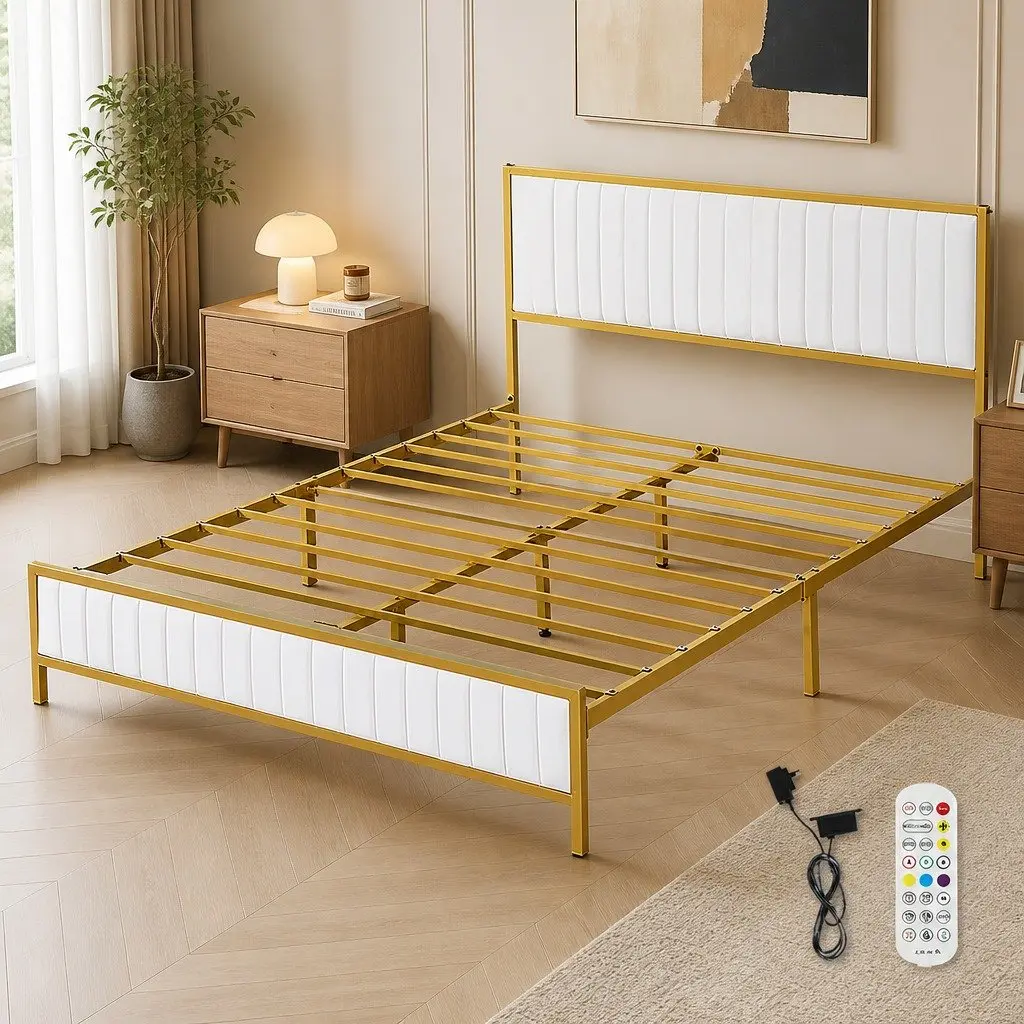 Double Bed Frame with Padded Headboard Under Bed Storage Metal Slats Beige