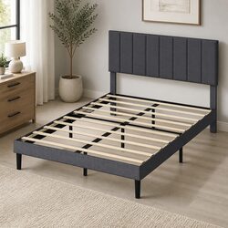 Upholstered Platform Bed Frame Double Size Wooden Slats Storage Dark Grey