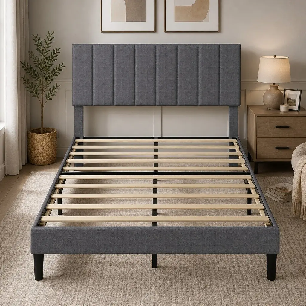 Upholstered Platform Bed Frame Storage Double Size Dark Grey Linen Fabric