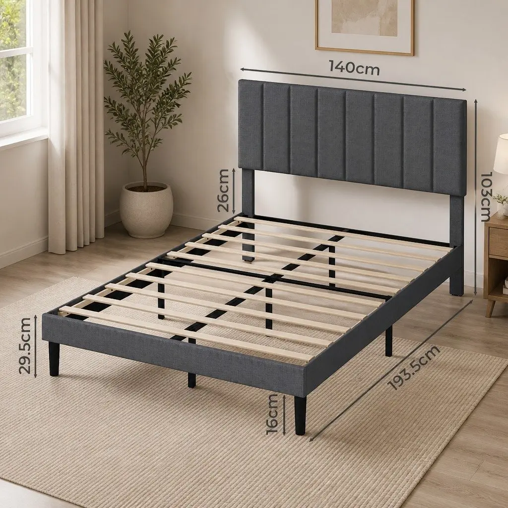 Upholstered Platform Bed Frame Storage Double Size Dark Grey Linen Fabric
