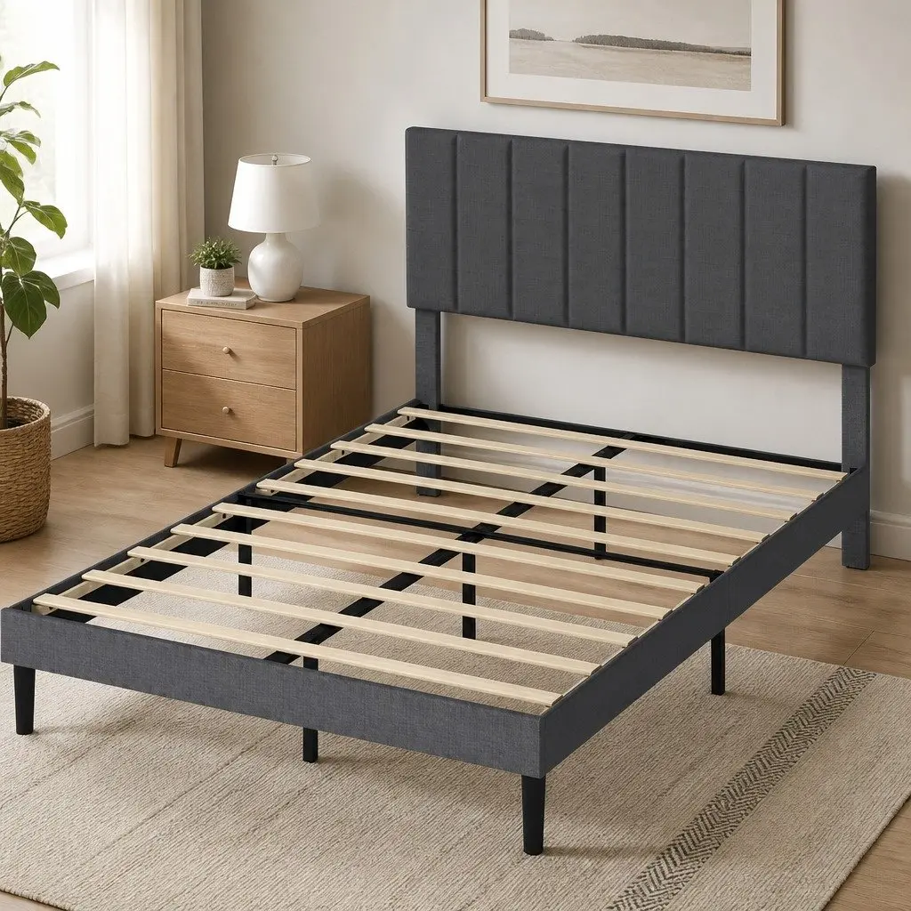Upholstered Platform Bed Frame Storage Double Size Dark Grey Linen Fabric