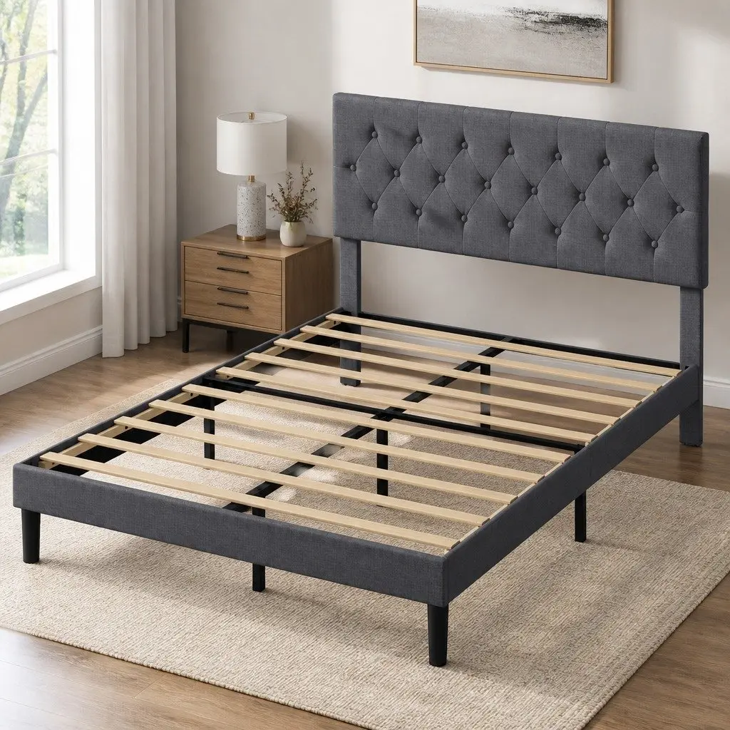 Upholstered Platform Bed Frame Double Size Wooden Slat Storage Dark Grey