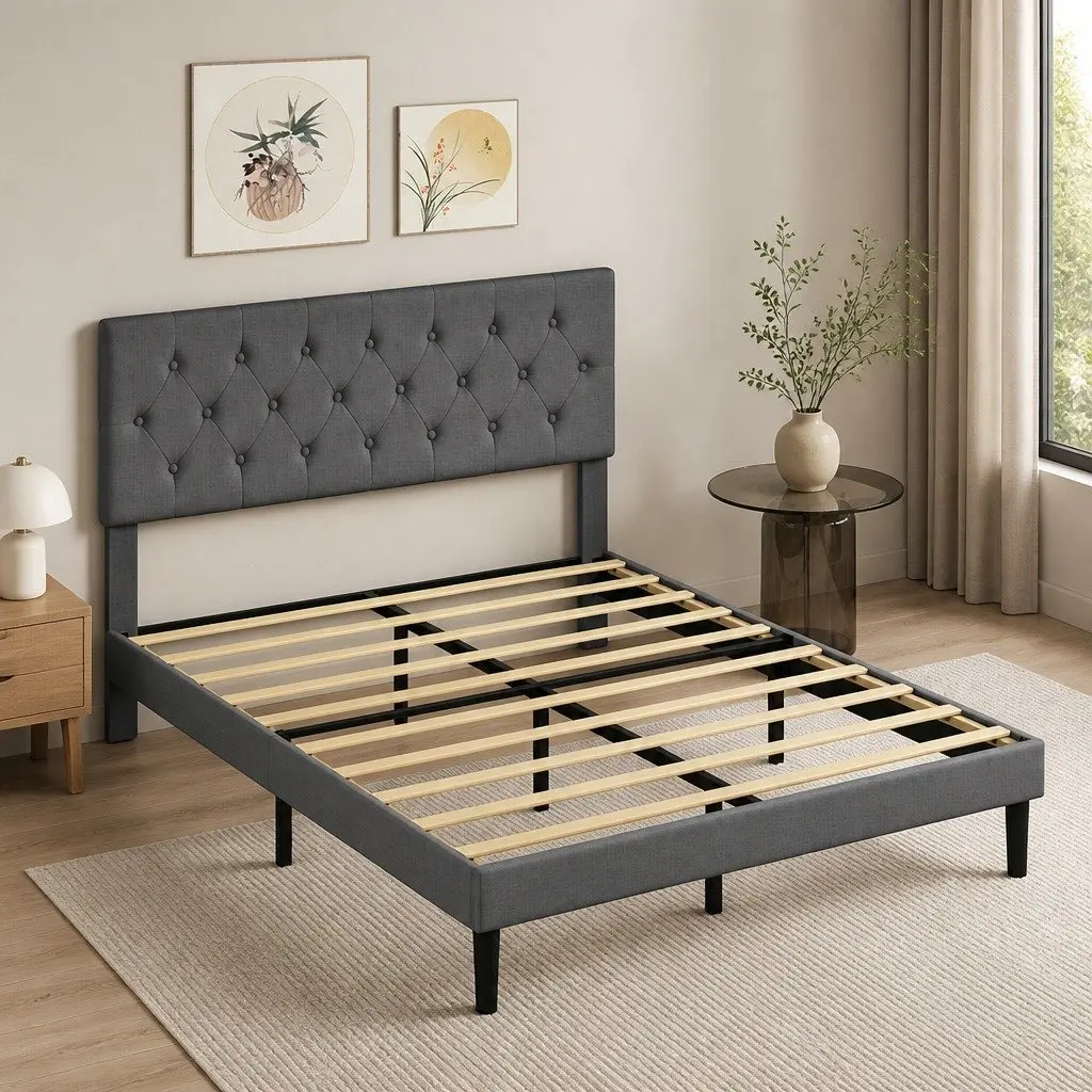 Upholstered Platform Bed Frame Double Size Wooden Slat Storage Dark Grey