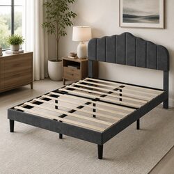 Double Upholstered Platform Bed Frame with Storage Wooden Slat Base Modern