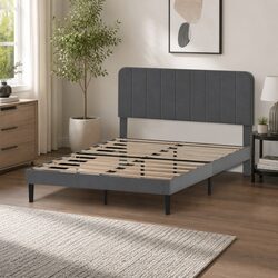 Double Bed Frame Upholstered Adjustable Headboard Platform Storage Dark Grey