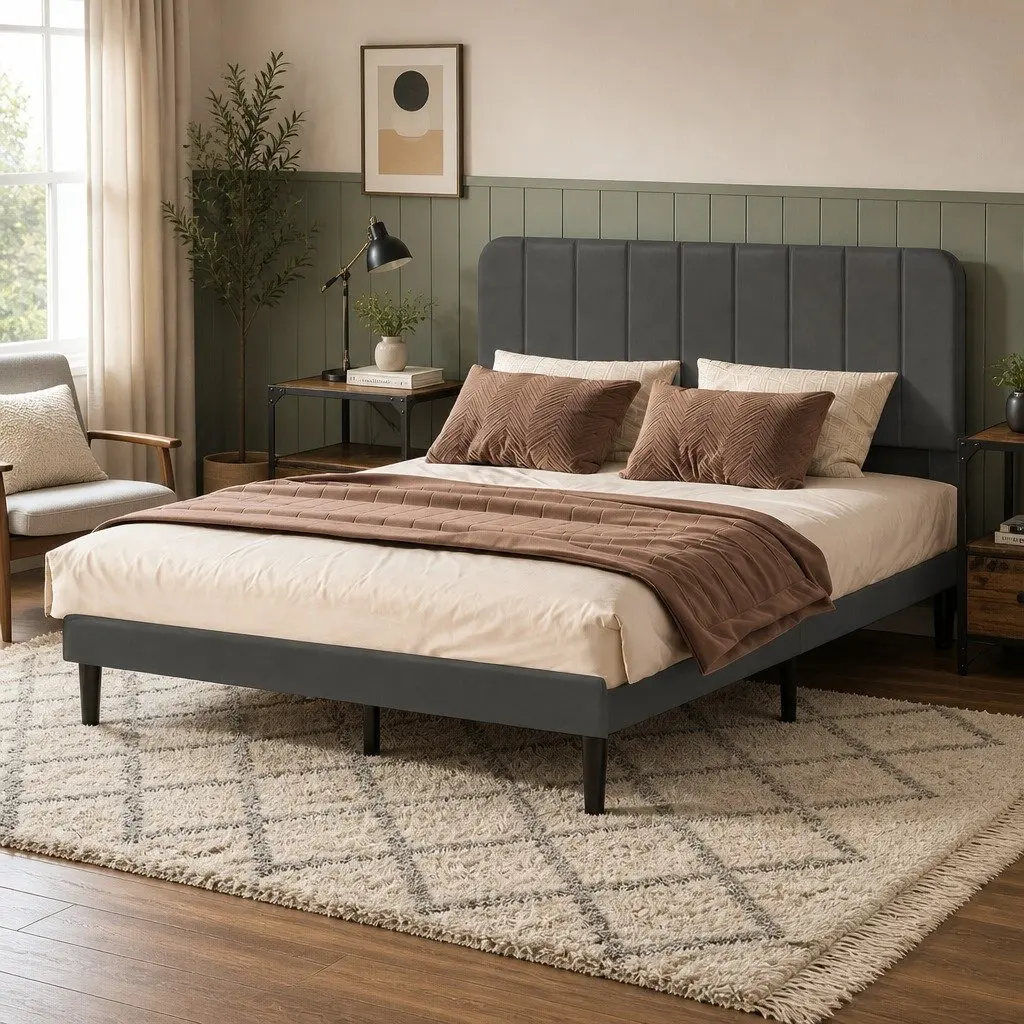 Double Bed Frame Upholstered Adjustable Headboard Platform Storage Dark Grey