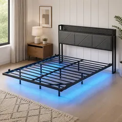 Floating Bed Frame Double LED USB Power Storage Headboard Metal Base Modern