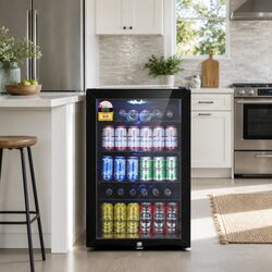 Bar Fridge 115L Glass Door LED Light Black Compact Beverage Cooler Portable
