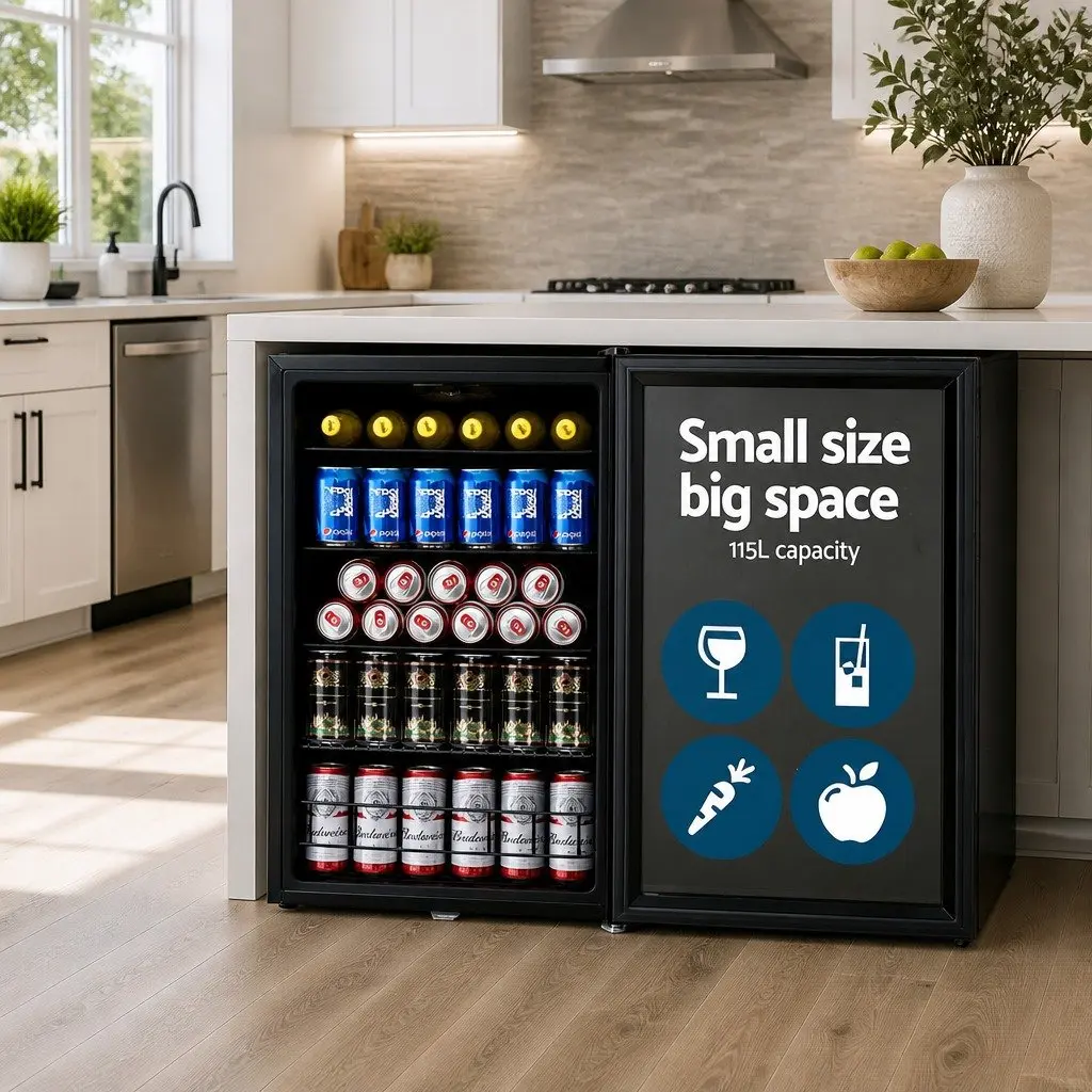 Bar Fridge Compact 115L Glass Door LED Light Black Portable Beverage Cooler