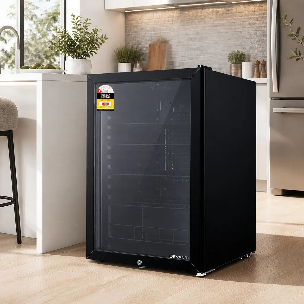 Bar Fridge Compact 115L Glass Door LED Light Black Portable Beverage Cooler