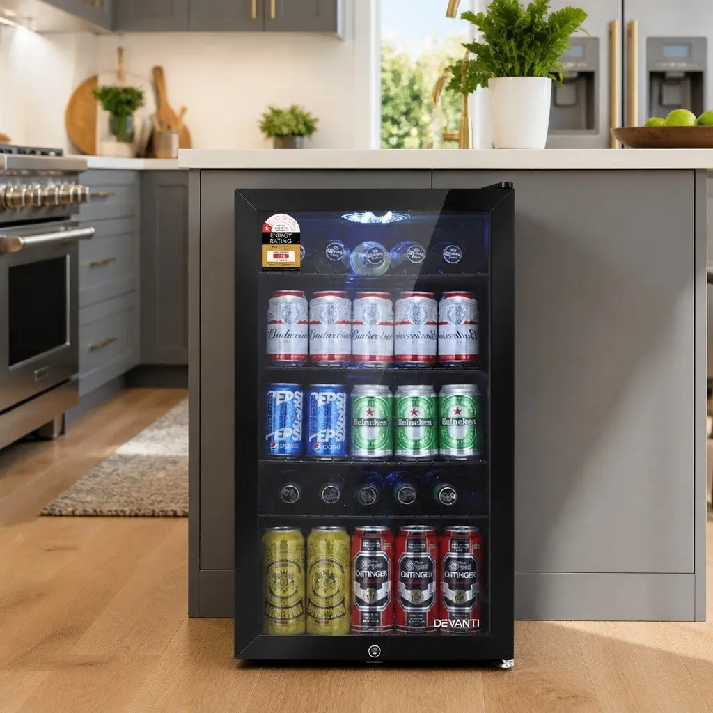 Bar Fridge 98L Compact Portable Beverage Cooler Glass Door Black