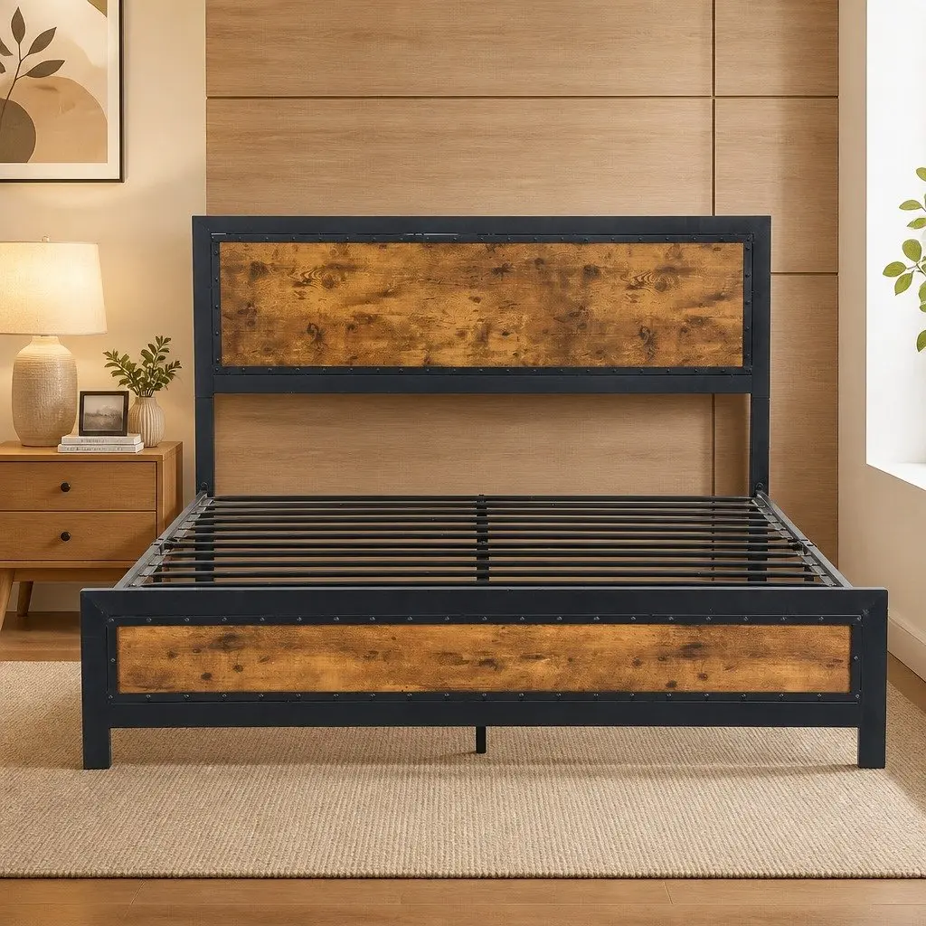 Queen Metal Bed Frame with Under-Bed Storage Drawers Industrial Platform Slat