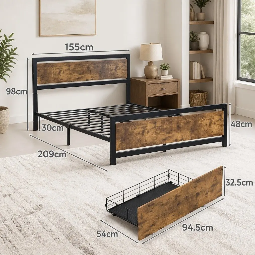 Queen Bed Frame Industrial Design Steel Platform with 4 Under-Bed Storage