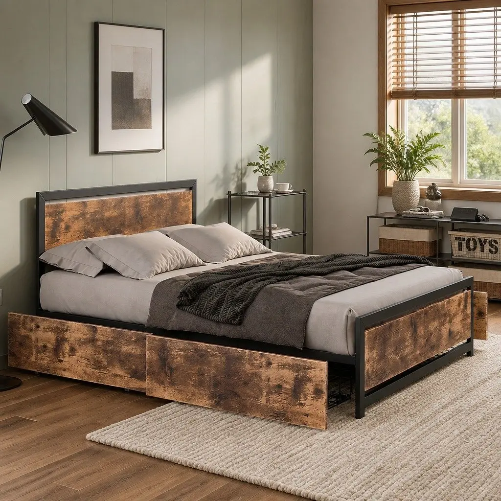 Queen Bed Frame Industrial Design Steel Platform with 4 Under-Bed Storage