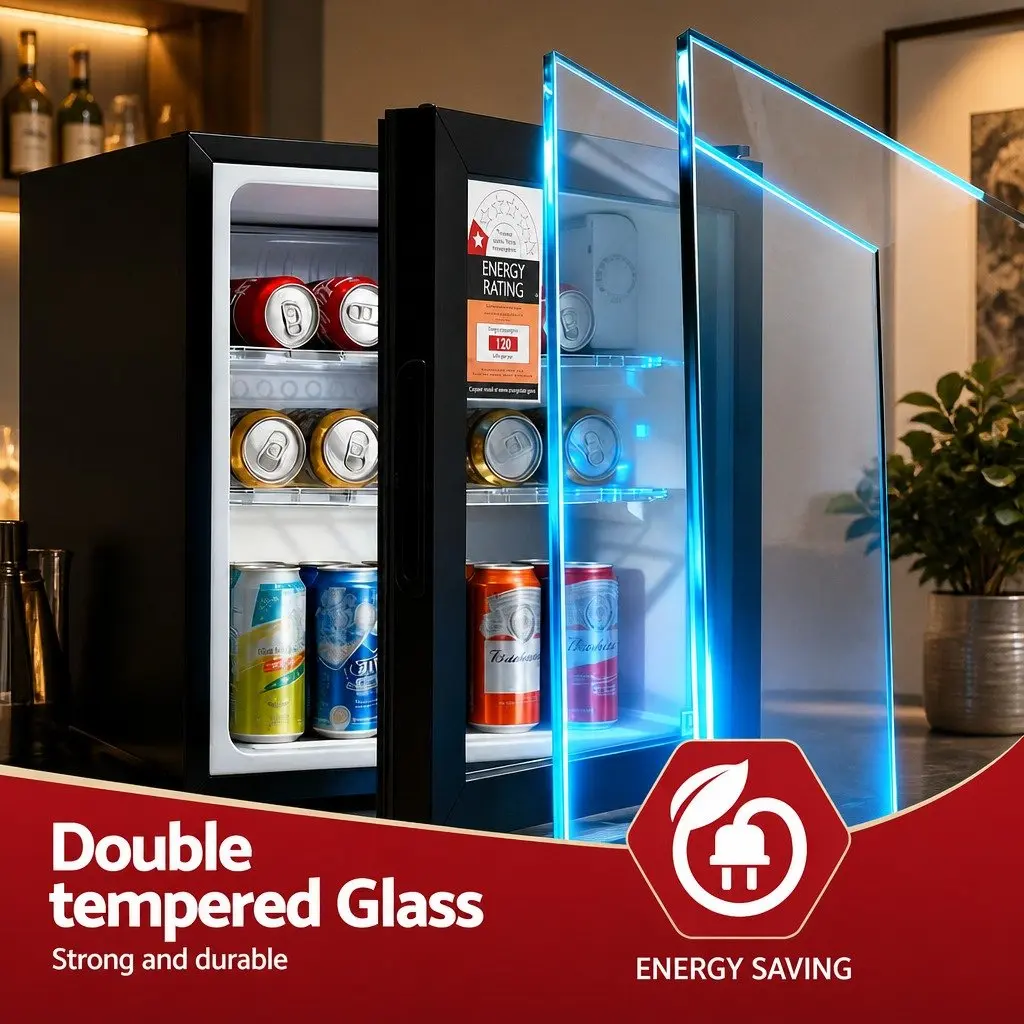 Bar Fridge 40L Glass Door Countertop Mini Cooler Black