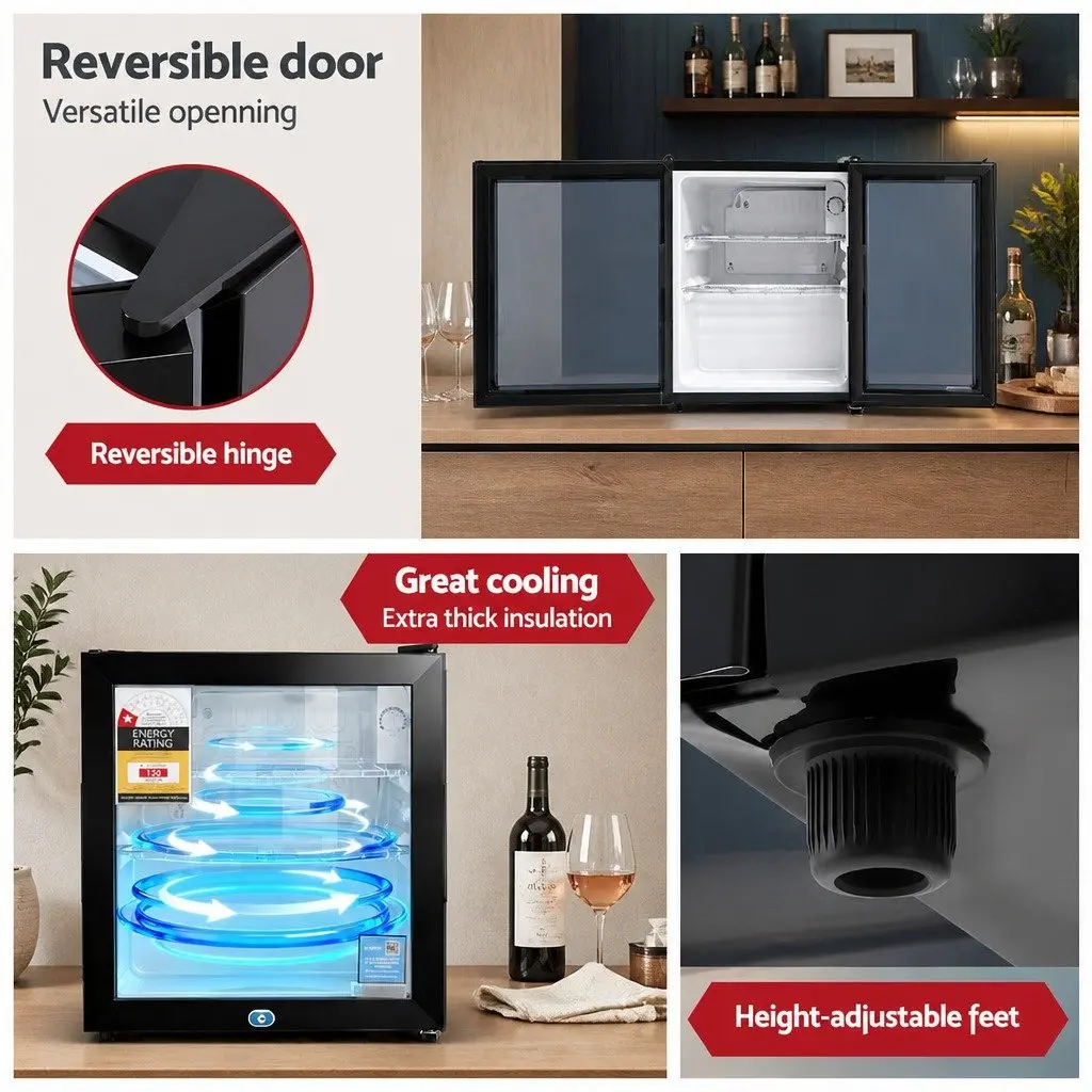 Bar Fridge 40L Glass Door Countertop Mini Cooler Black