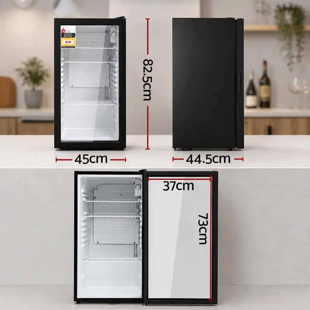 Bar Fridge 78L Glass Door Compact Beverage Cooler Black