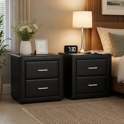 Bedside Table 2 Drawers Side Table Black PVC Leather Modern Storage Furniture