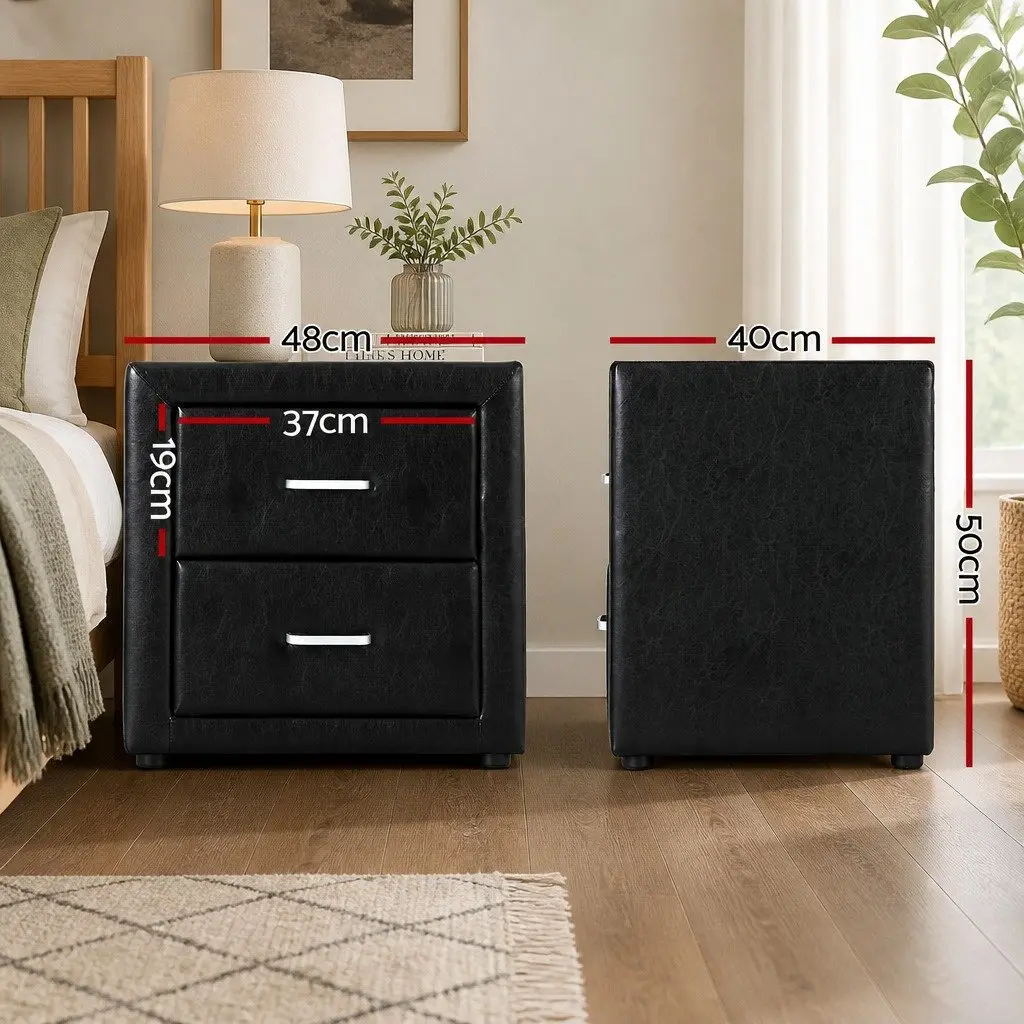 Bedside Table Modern 2 Drawers Black PVC Leather Storage Furniture