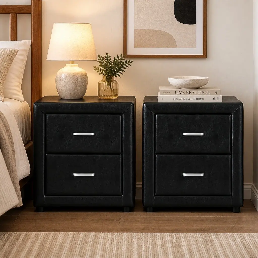 Bedside Table Modern 2 Drawers Black PVC Leather Storage Furniture