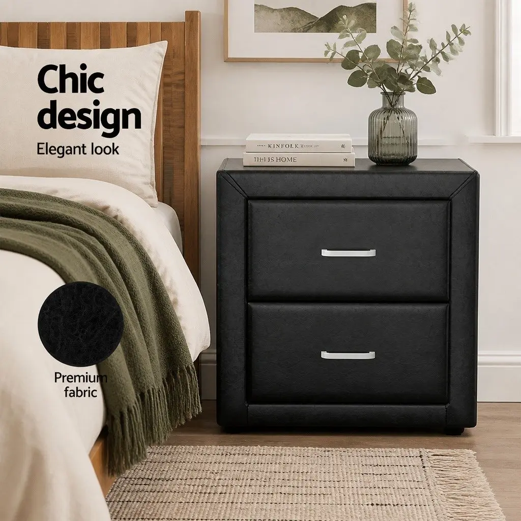 Bedside Table Modern 2 Drawers Black PVC Leather Storage Furniture