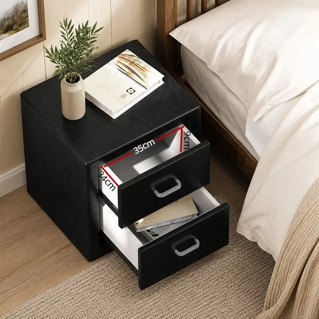 Bedside Table Modern 2 Drawers Black PVC Leather Storage Furniture